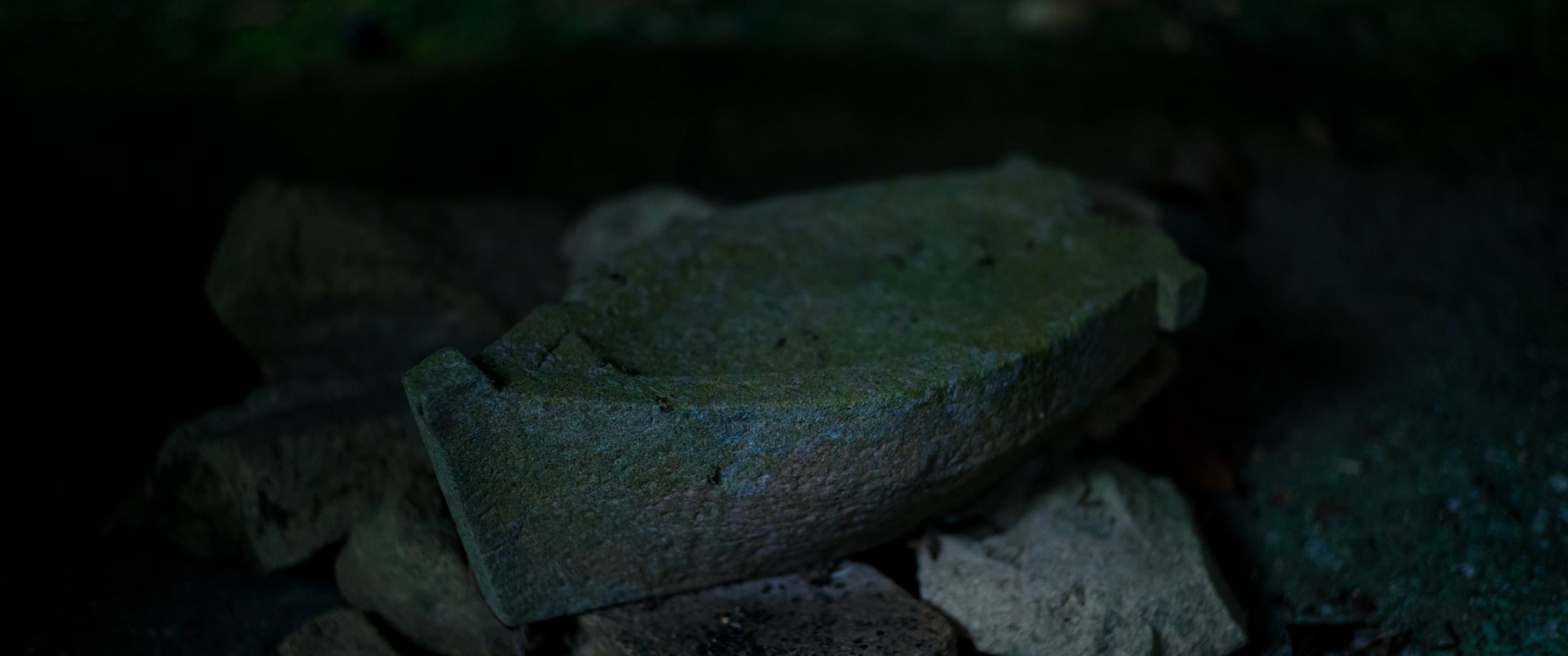 A moss-covered boat-shaped stone resting on rocks (photo: Takahiro Mitsui)