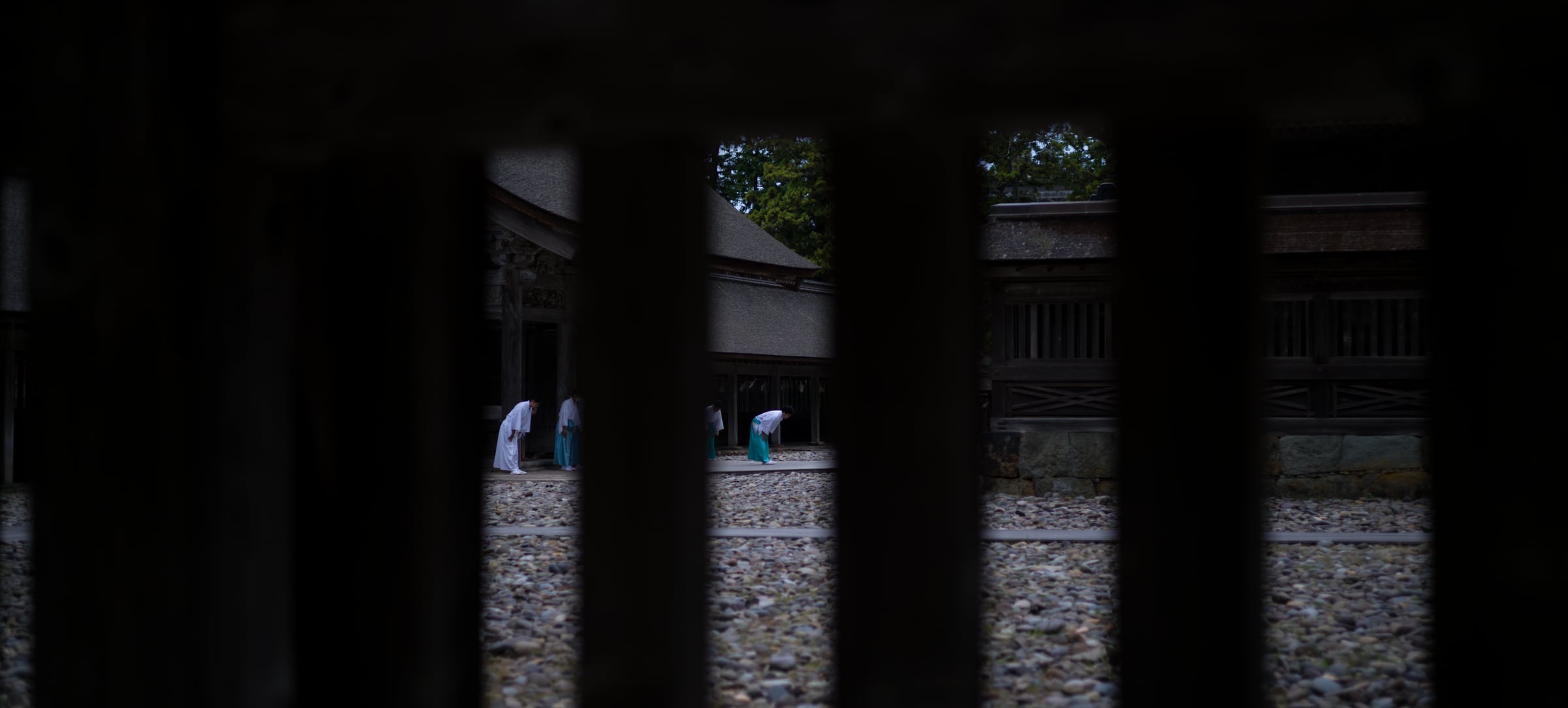 Figures in white and pale blue, glimpsed bowing through a dark wooden lattice (photo: Takahiro Mitsui)
